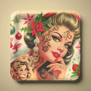 Vintage Tattooed Christmas Girl Paper Plate