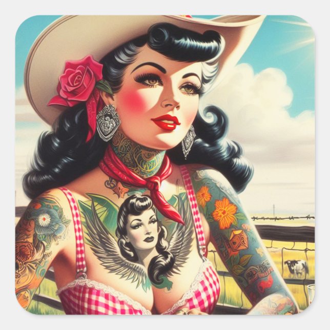 Vintage Tattooed Country Pinup Square Sticker (Front)