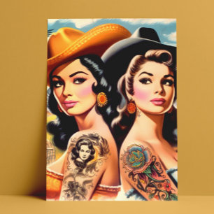 Vintage Tattooed Cowgirls Postcard
