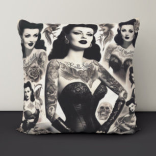 Vintage Tattooed Goth Woman Collage Cushion