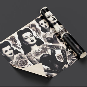 Vintage Tattooed Goth Woman Collage Wrapping Paper