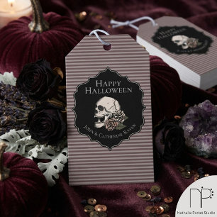 Vintage Taupe Grey Floral Skulls Halloween Gift Tags