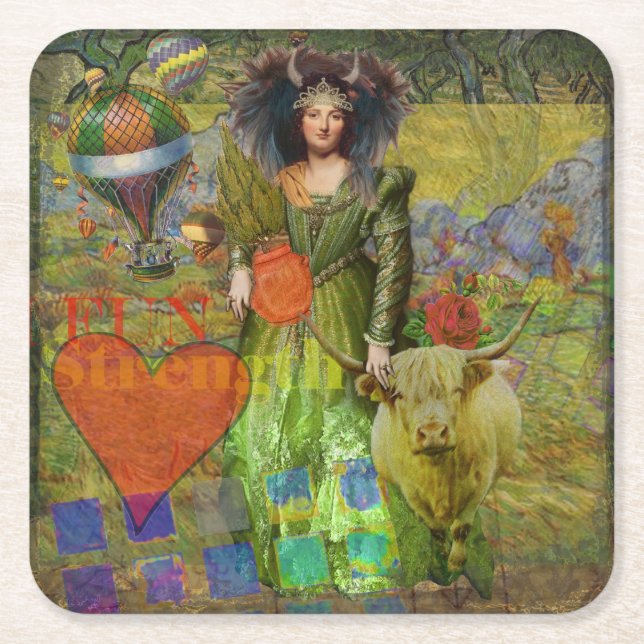 Vintage Taurus Classic Woman Portrait Gothic Art Square Paper Coaster (Front)