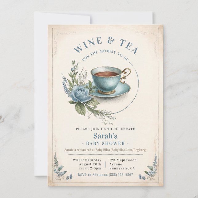 Vintage Tea Cup Baby Shower Brunch Invitations Boy (Front)