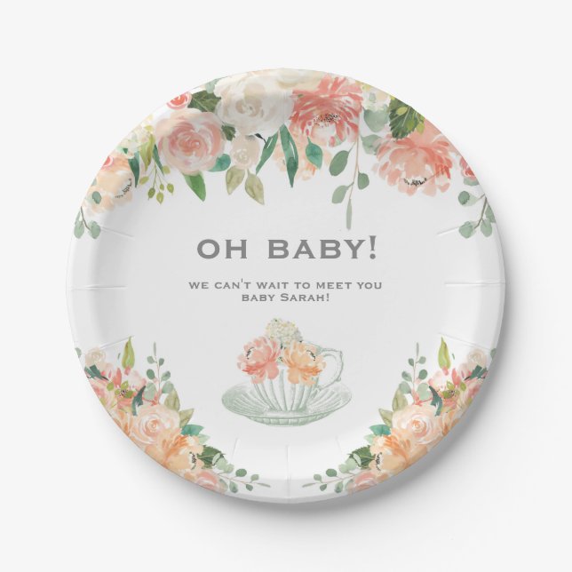 Vintage Tea Cup Baby Shower Floral Plate (Front)
