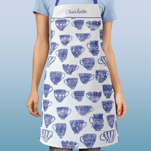 Vintage Tea Cup Pattern Personalised Blue White Apron