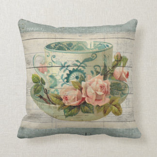 Vintage Tea Cup with Roses Shabby Chic Pillow
