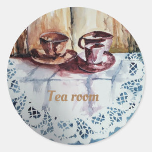 Vintage tea cups on white lace linen kitchen towe classic round sticker