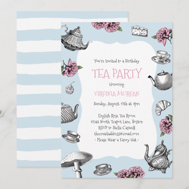 Vintage Tea Party Birthday Baby Blue Stripes Invitation (Front/Back)