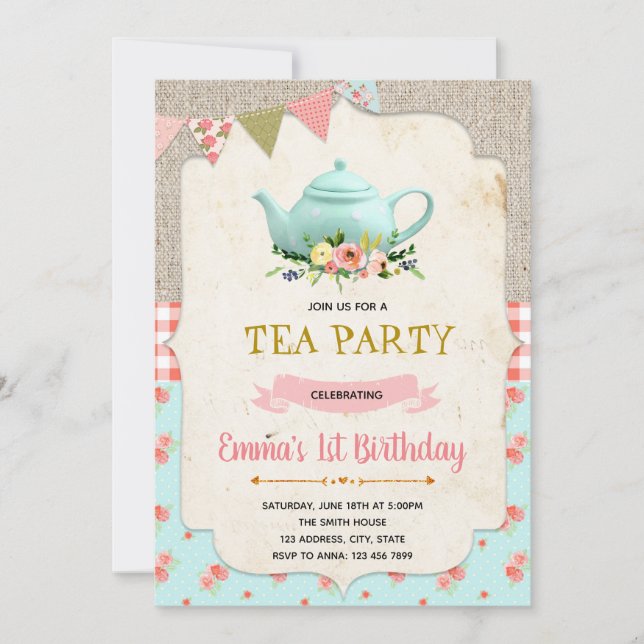 Vintage tea party birthday invitation (Front)