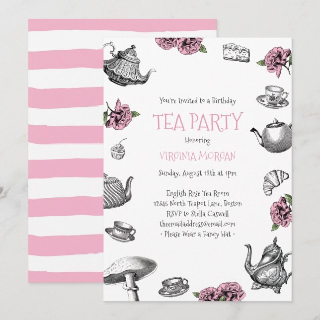 Vintage Tea Party Birthday Pink Invitation (Front/Back)