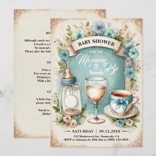 Vintage Tea Party Boys Baby Shower Invitation (Front/Back)