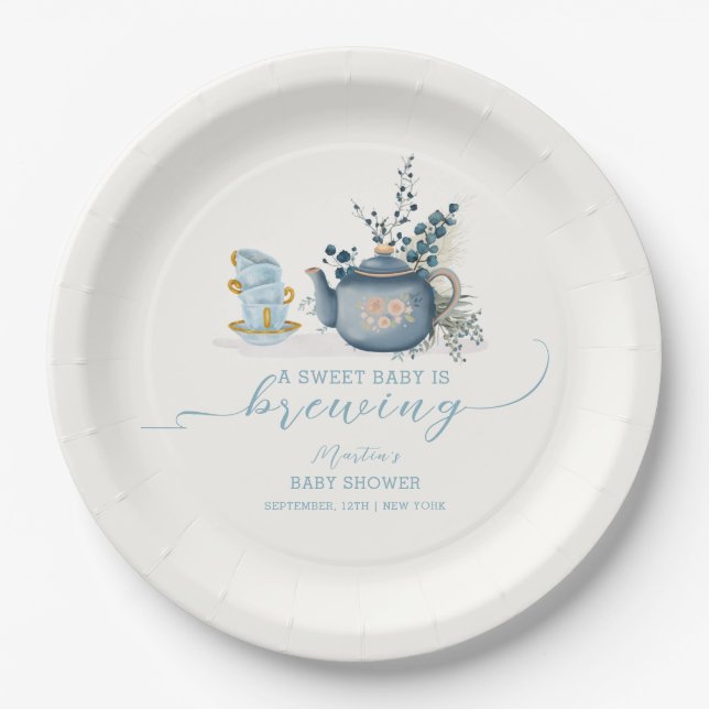 Vintage Tea Party Brewing Baby Shower Paper Plate (Front)