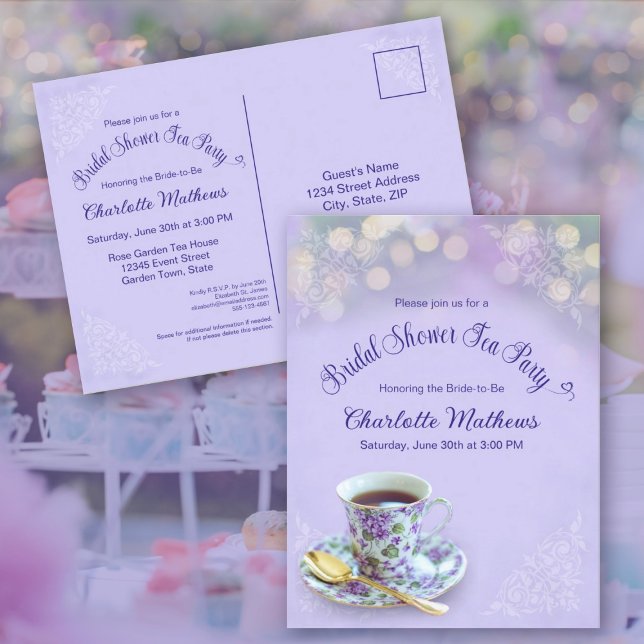 Vintage Tea Party Bridal Shower Lavender Invitatio Postcard (Vintage Tea Party Bridal Shower Lavender Invitation Postcard)