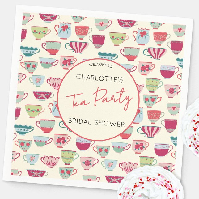 Vintage Tea Party Bridal Shower Napkin (Modern vintage teacup pattern personalized bridal shower tea party themed paper napkins)