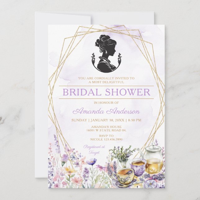 Vintage Tea Party Bridal Shower Purple Wildflowers Invitation (Front)