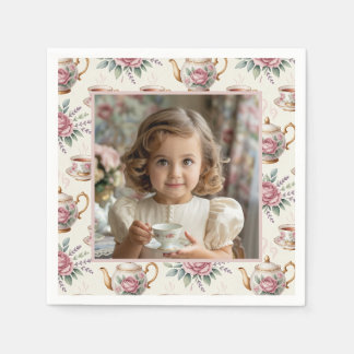 Vintage Tea Party Girl Birthday Photo Napkin