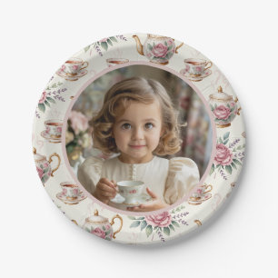 Vintage Tea Party Girl Birthday Photo Paper Plate