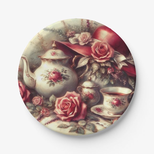 Vintage Tea Party Red Rose Teapot  Paper Plate (Front)