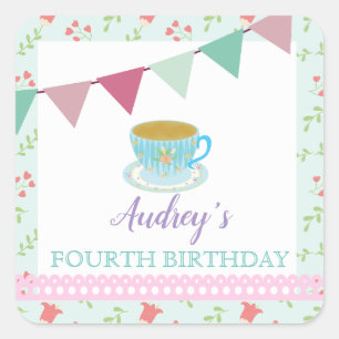 Vintage Tea Party Shabby Chic Girls Birthday Square Sticker