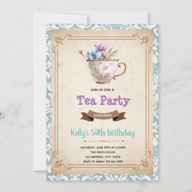 Vintage  tea party theme invitation (Front)