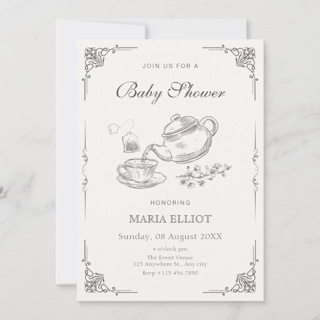 Vintage tea pot baby shower invitation (Front)