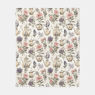Vintage Tea Pots and Flowers Fleece Blanket