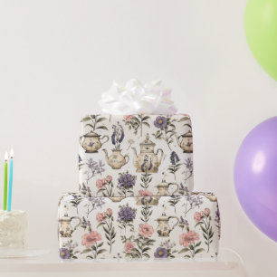 Vintage Tea Pots and Flowers  Wrapping Paper