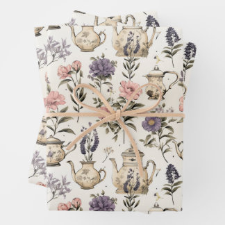 Vintage Tea Pots and Flowers  Wrapping Paper Sheet