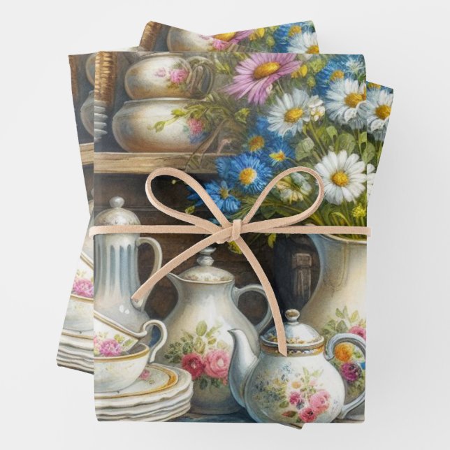Vintage Tea Set and Wildflowers  Wrapping Paper Sheet (In situ)