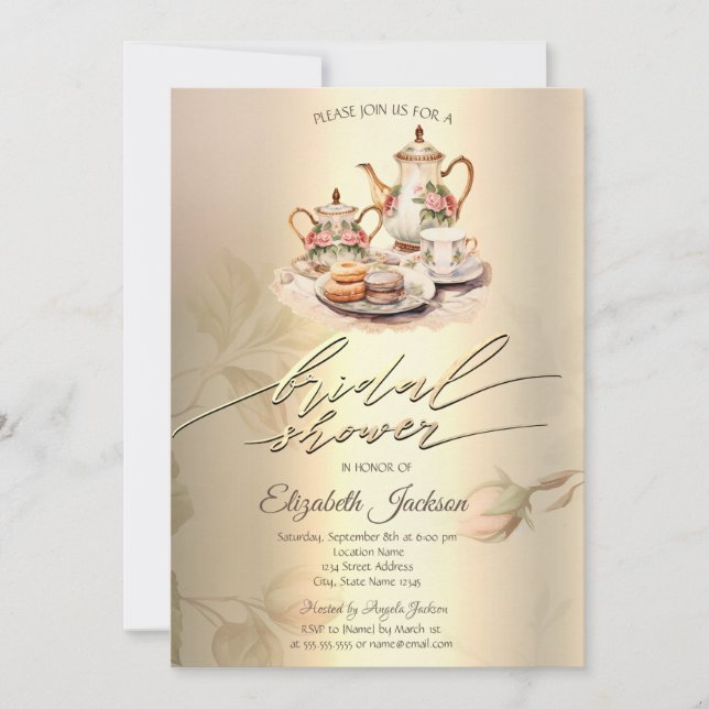 Vintage Tea Set,Gold Diamonds Bridal Shower Invitation (Front)