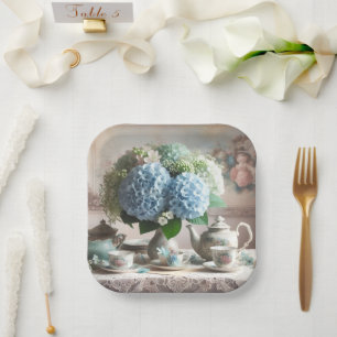Vintage Tea Time Blue Hydrangea Flower Paper Plate