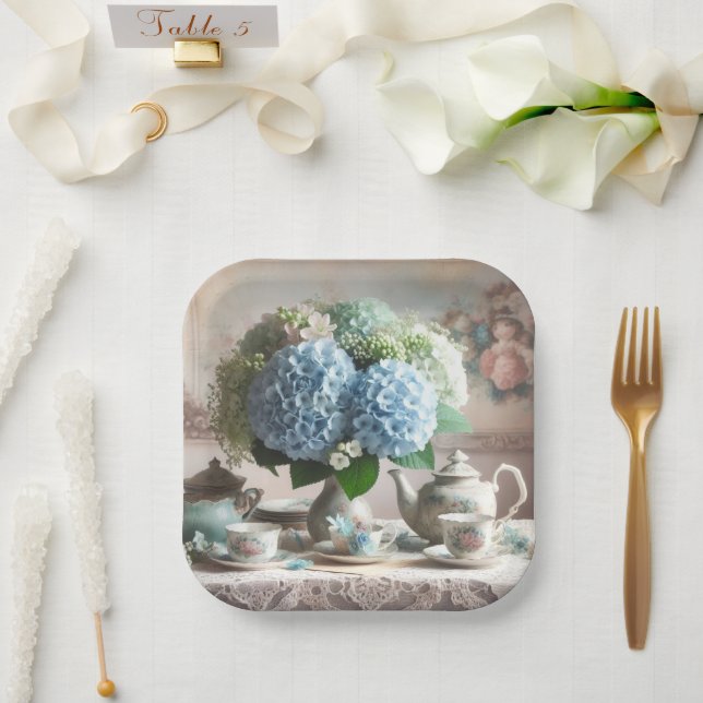 Vintage Tea Time Blue Hydrangea Flower  Paper Plate (Wedding)