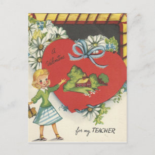 Vintage Teacher With Schoolhouse Valentine Holiday Postcard