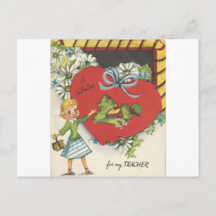 Vintage Teacher With Schoolhouse Valentine Holiday Postcard