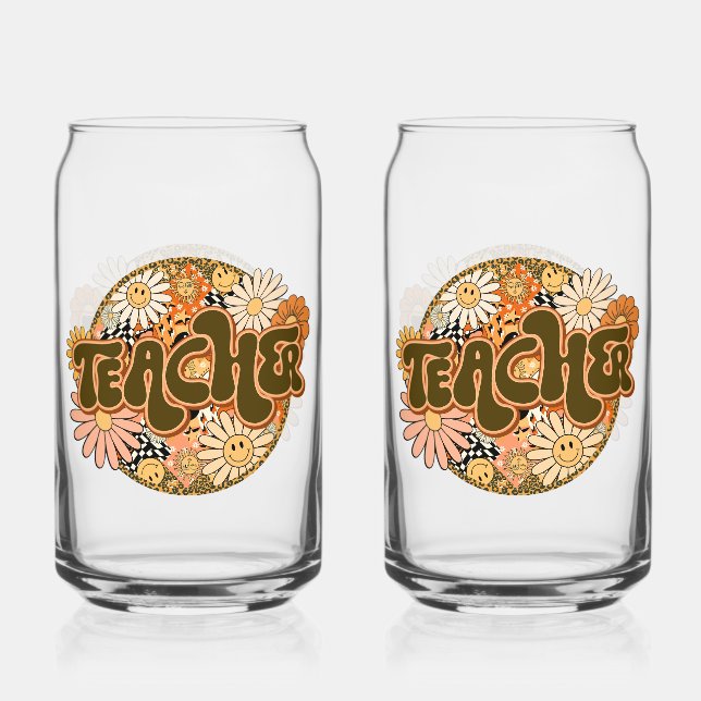 Vintage "Teacher" with Smiling Daisies Can Glass (Front)