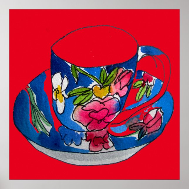 Vintage teacup art illustration watercolour poster (Front)
