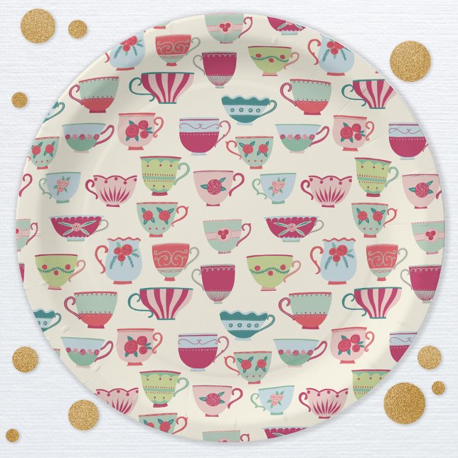 Vintage Teacup Tea Party Paper Plate (Modern vintate teacup tea party pattern paper plates)