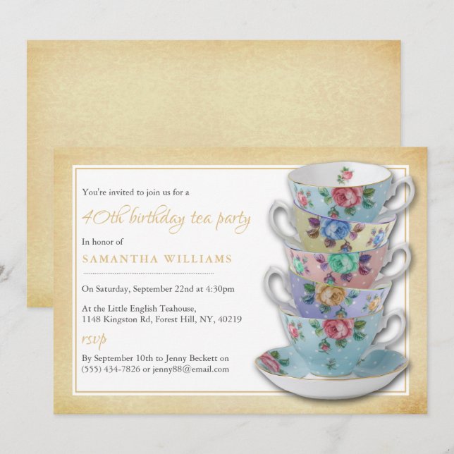 Vintage Teacups Birthday Tea Party Invitation (Front/Back)