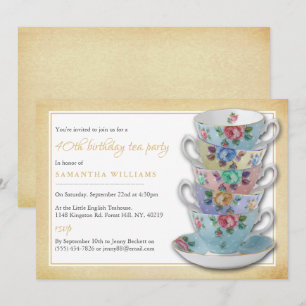 Vintage Teacups Birthday Tea Party Invitation