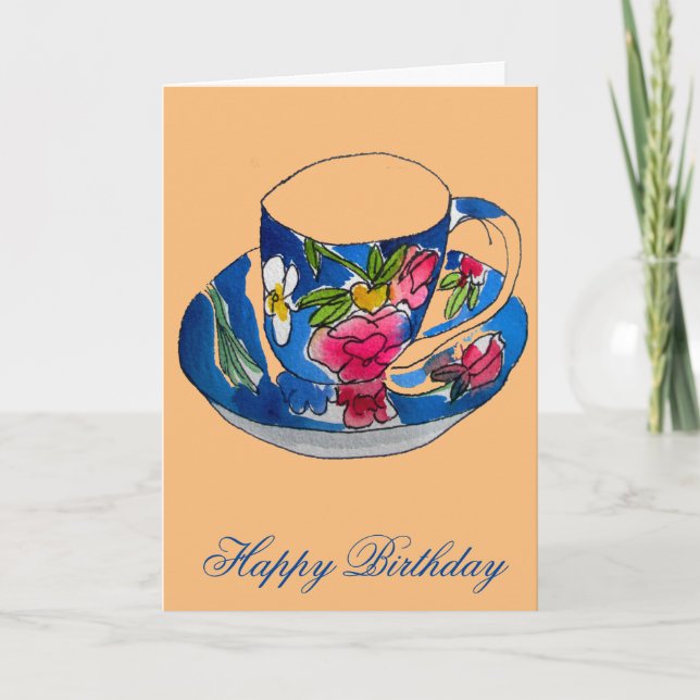 Vintage Teacups birthday watercolour illustration Card (Front)