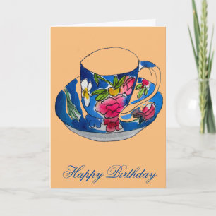 Vintage Teacups birthday watercolour illustration Card