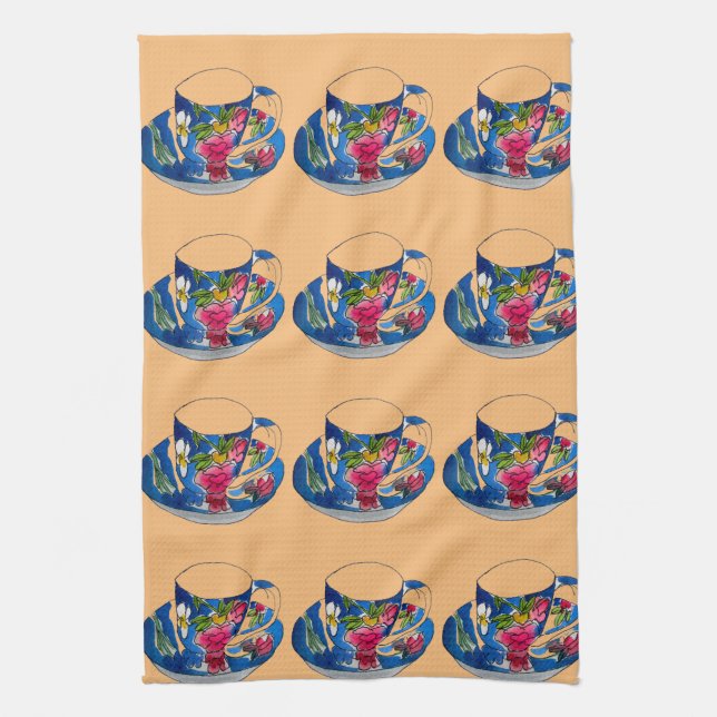 Vintage Teacups original watercolour illustration Tea Towel (Vertical)