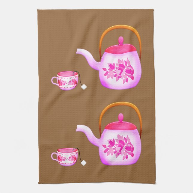 Vintage Teacups teapot illustration Tea Towel (Vertical)