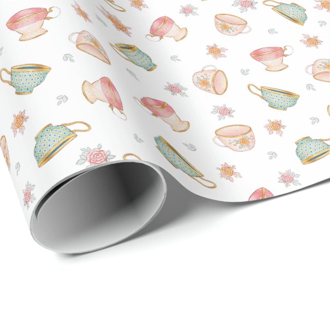 Vintage Teacups (White) Pattern – Wrapping Paper (Roll Corner)