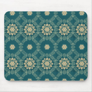 Vintage Teal and Beige Floral Fabric Mousepad