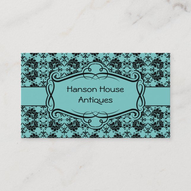 Vintage Teal and Black Damask Business Card (Front)