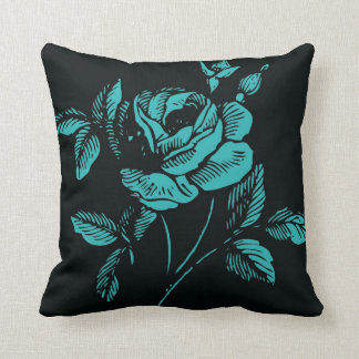 Vintage Teal and Black Rose Illustration Cushion