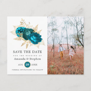 Vintage Teal and Gold Floral Wedding Save the Date Postcard
