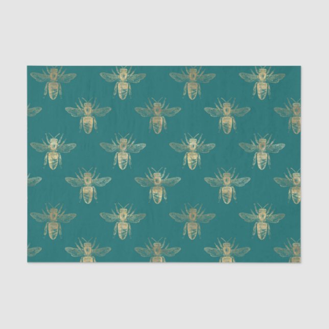Vintage Teal and Gold Foil Bees Tissue Paper (Front)